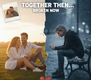 Get Your Ex Love Back — split image of a happy couple in sunlight and a woman alone in rain, Together Then Broken Now