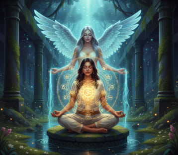 Spiritual Cleansing — woman meditating with a glowing Om mandala as an angel channels light in a forest temple