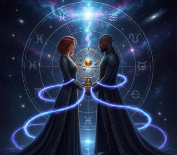 Love Compatibility — couple holding hands before a zodiac wheel and golden orrery in a starry sky