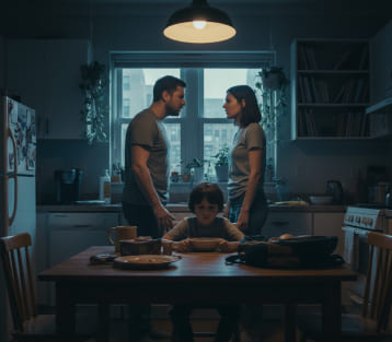 Family Problem — sad child at a kitchen table while two adults argue in the background